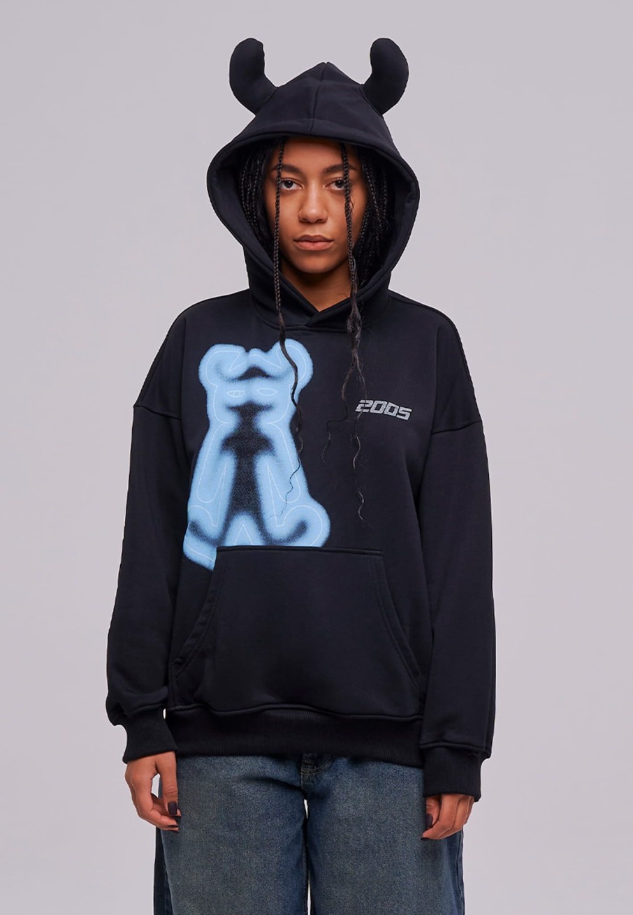 Bluzy 2005 | Airbrushed Horned Lucy Hoodie (Black & Blue)