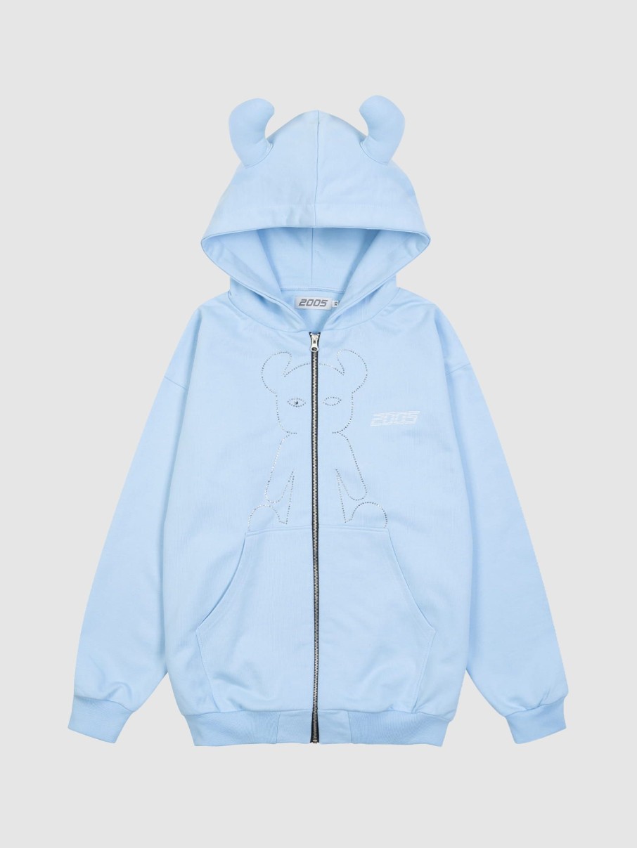 Bluzy 2005 | Studded Horned Lucy Zip Hoodie (Baby Blue)